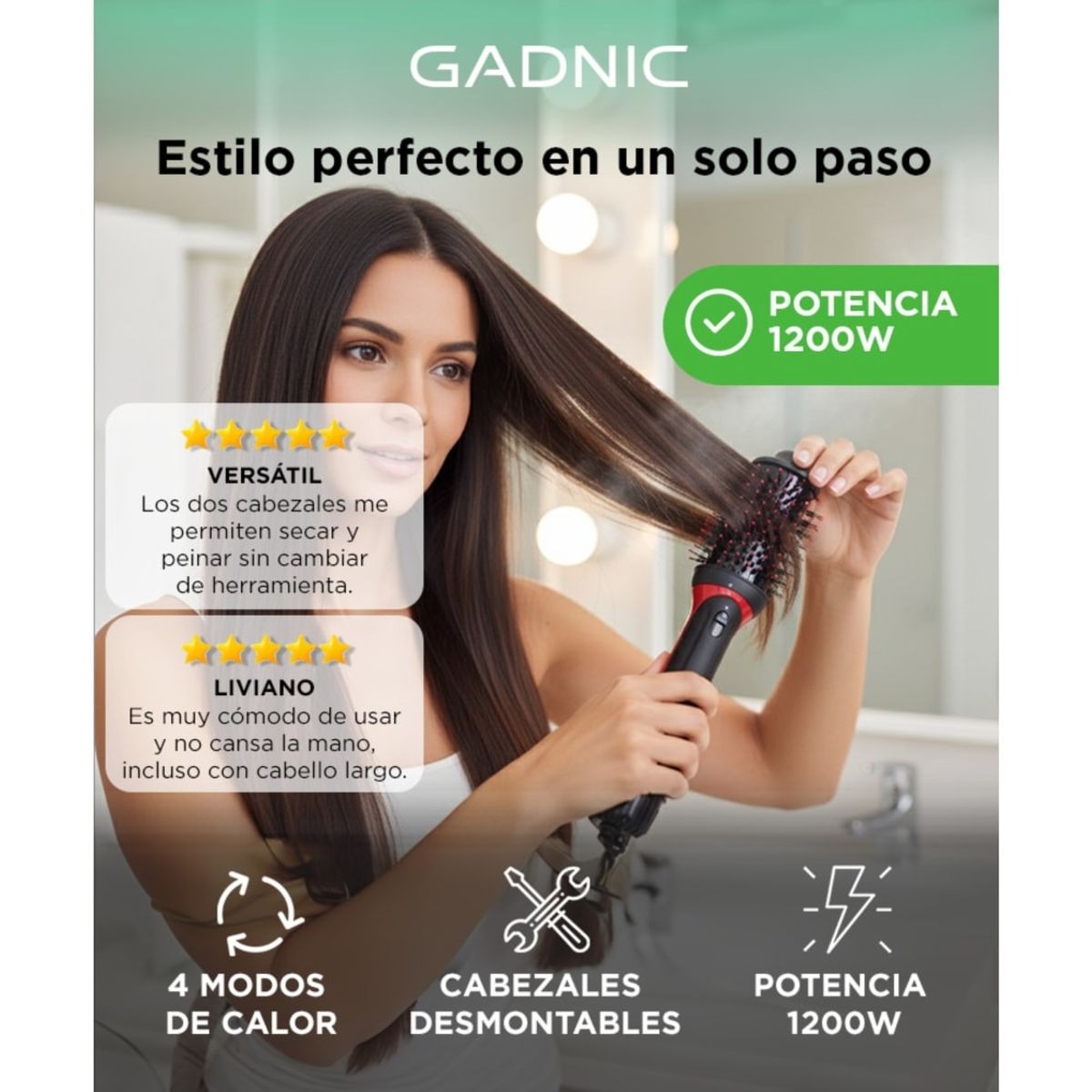 Cepillo Secador y Moldeador de Pelo Gadnic Monner Desmontable