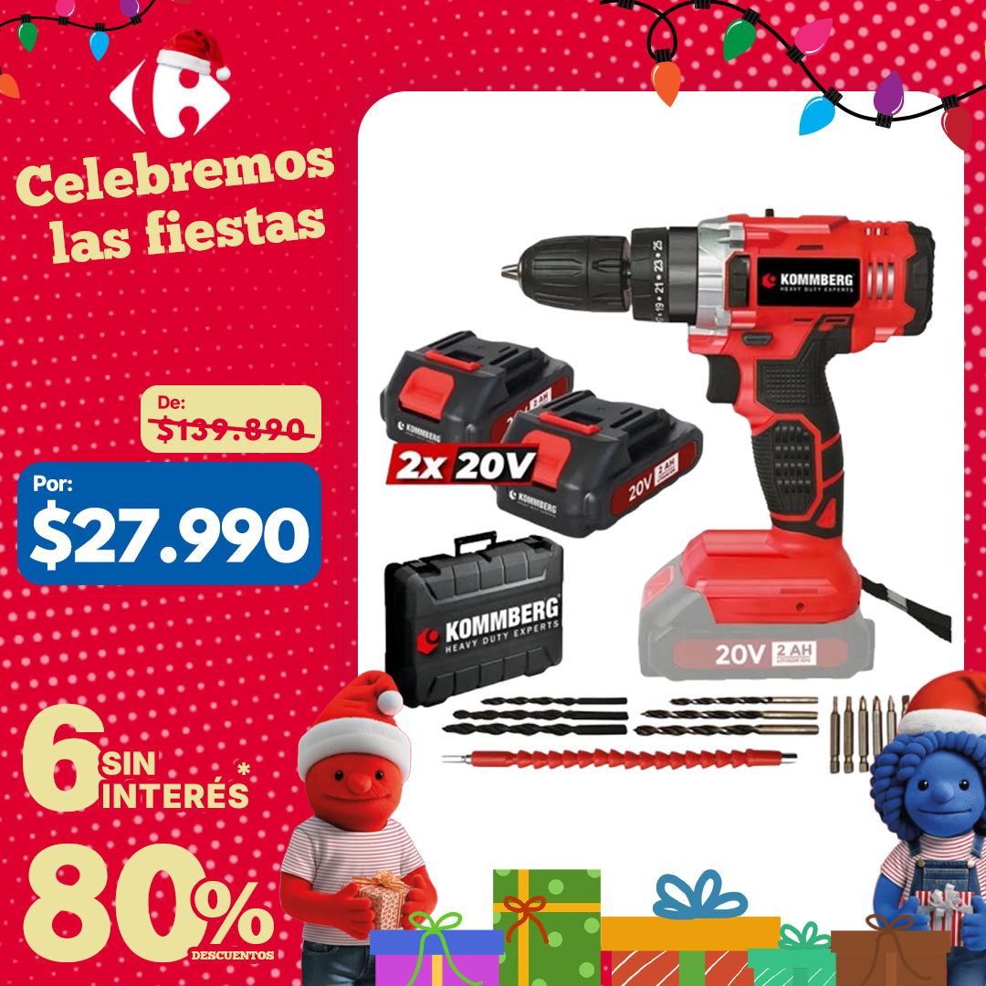 Taladro Percutor + 2 Baterias 20v Kommberg 13mm Maletin 2 Baterias, Cargador Y Accesorios Kb-tpb1020-2