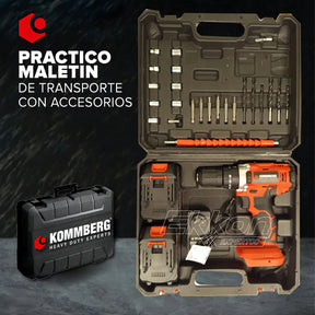 Taladro Percutor + 2 Baterias 20v Kommberg 13mm Maletin 2 Baterias, Cargador Y Accesorios Kb-tpb1020-2